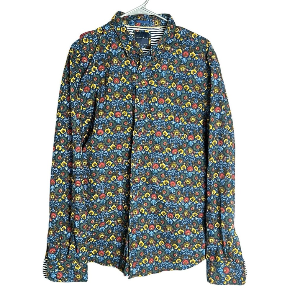 Porter & Ash Adult X Large Navy Floral Button Up Long Sleeve Beach Spring‎